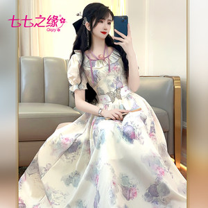 七七之缘2023夏女士连衣裙收腰修身高腰短袖印花显瘦中长款裙子