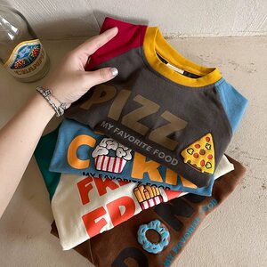 Children's letter T-shirt long-sleeved men's autumn clothes baby girl color-blocking Korean tops children's thin base shirt pure cotton