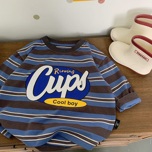 
Children's striped T-shirt long-sleeved autumn new casual tops for boys and girls pure cotton baby letter bottoming shirt Western style
