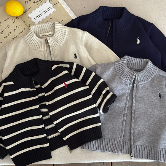 
Children's sweater for autumn boys 2025 new cardigan children's striped sweater baby solid color jacket female style