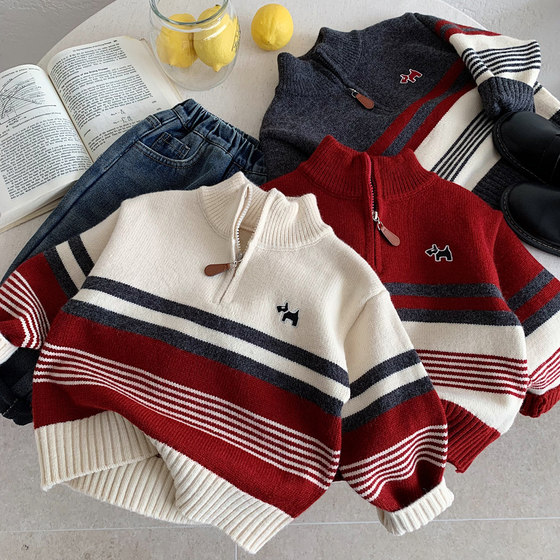 
Boys' casual sweater 2025 winter new style children's striped half-zip access casual soft pullover sweater
