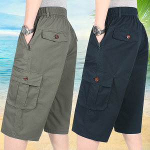 Deep crotch high -waist large size shorts shorts, men's leisure pants multi -pocket summer cotton cropped pants dad loose waist pants
