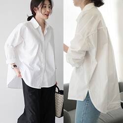 South Korea Dongdaemun 2025 Spring and Autumn Pure Cotton White Shirt for Women, Loose Fit, Slimming, Bf Style, Mid-Length, Plus Size, Long-Sleeved Shirt
