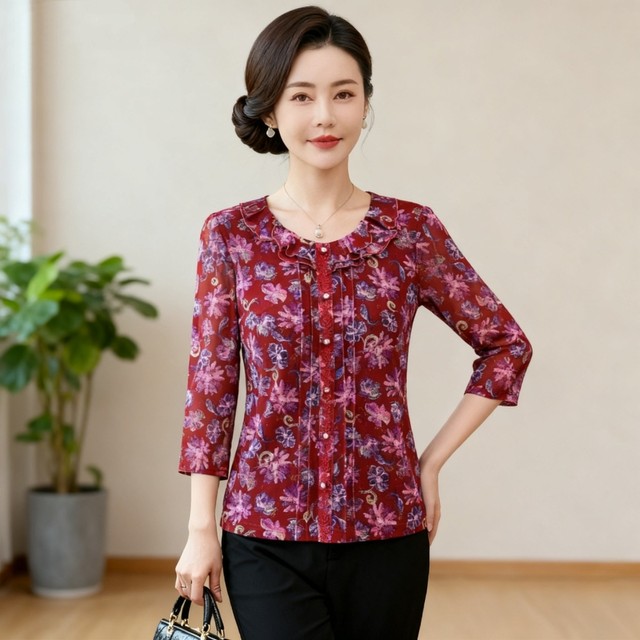 
New style middle-aged women's foreign noble temperament thin long-sleeved Taiwan mesh mother's autumn wear fungus-edged quick-drying shirt