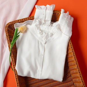 
Good texture 04 silk double crepe white French fungus collar standing collar long sleeve shirt mulberry silk OL style spring new