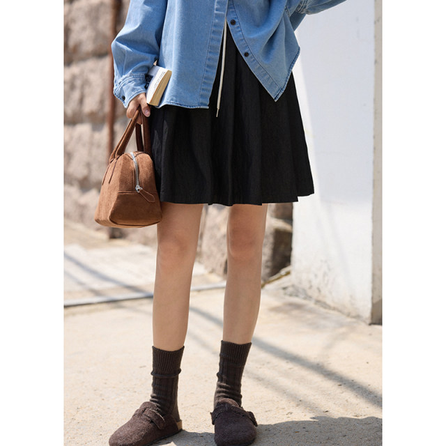 MISAZ flexible and casual college style elastic waist pleated midskirt loose A-line skirt