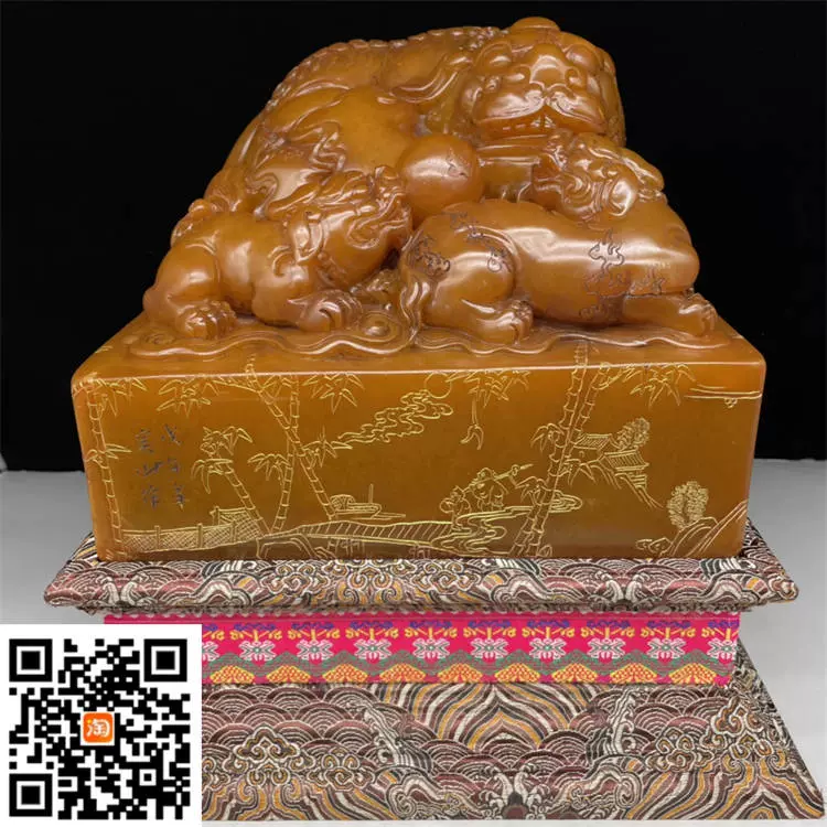 珍藏品寿山石田黄石雕刻三龙戏珠印章摆件石质坚硬透亮、镂空雕-Taobao 