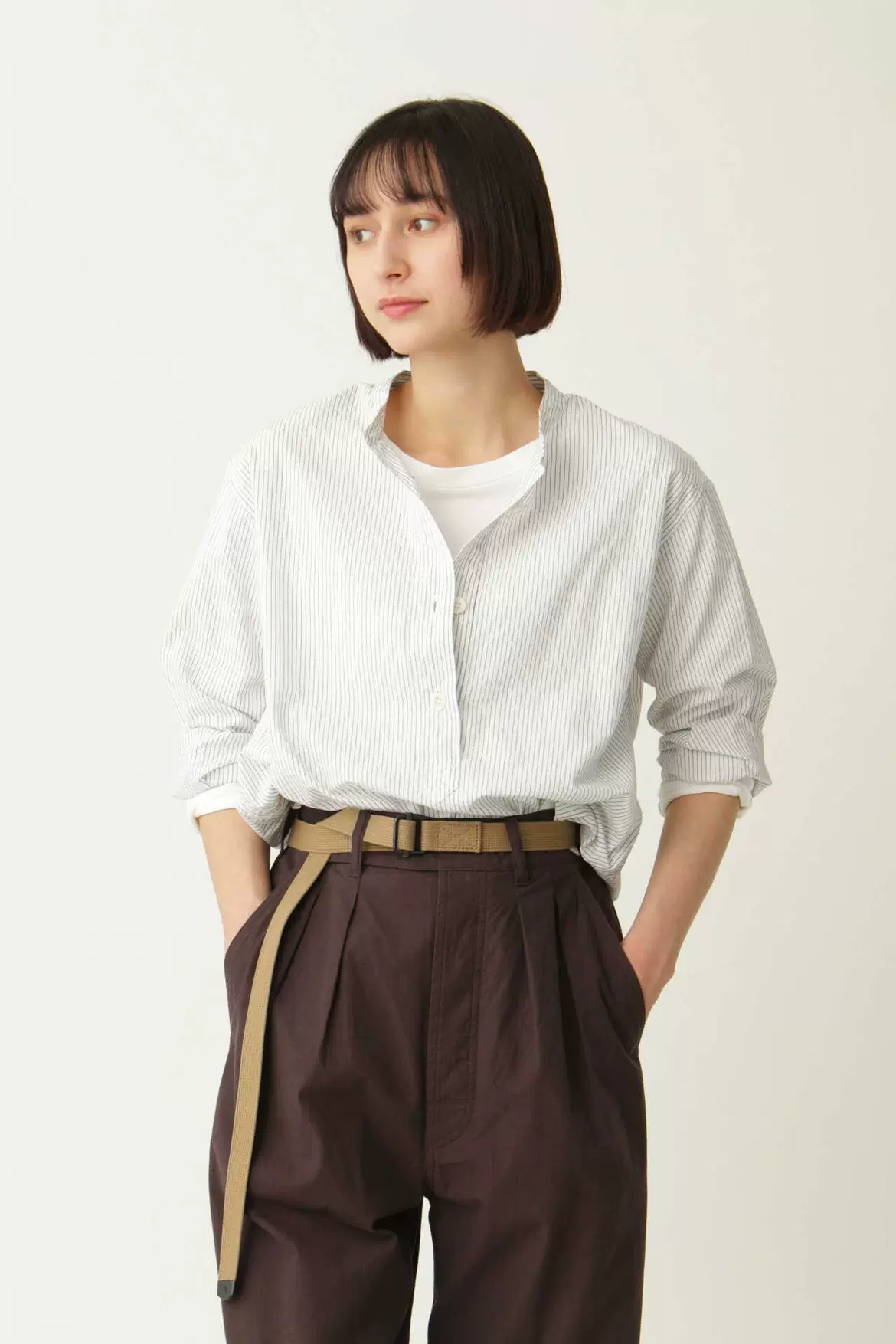 折日本代购22SS MHL. GRAPHIC COTTON STRIPE 条纹小立领衬衫-Taobao