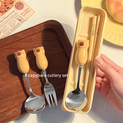 Cute Kapibara Chopsticks and Spoon Set, Portable Cutlery Set for One Person, Three-Piece Set for Elementary School Students and Office Workers