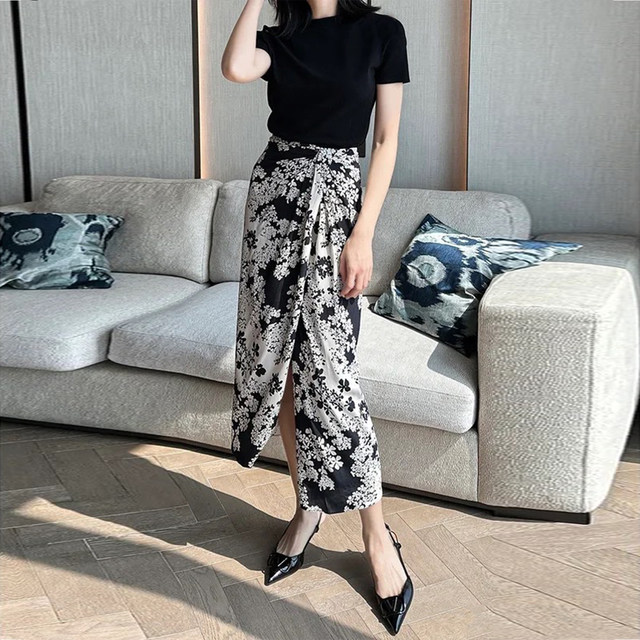Double-layer mulberry silk skirt retro print romantic and elegant heavy silk asymmetric design slit skirt