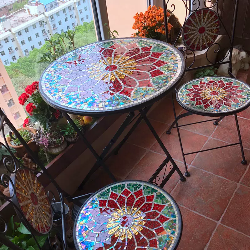 马赛克铁艺户外田园炫彩花园庭院圆桌椅套件mosaic Bistro Table