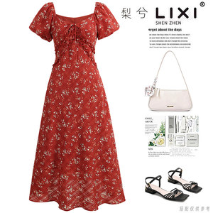 
The same style at the counter, French style small floral puff sleeve chiffon dress, summer thin pure lust style waist-cinching mid-length skirt for women