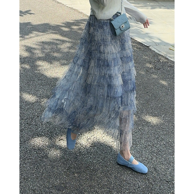 2025 spring and summer new A-line high waist mid-length retro tie-dye mesh pleated cake skirt for women