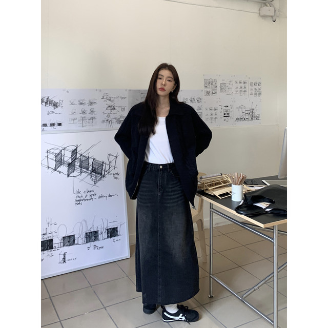 Halo Luu retro black denim skirt for women early spring washing casual slim long skirt design sense a line skirt