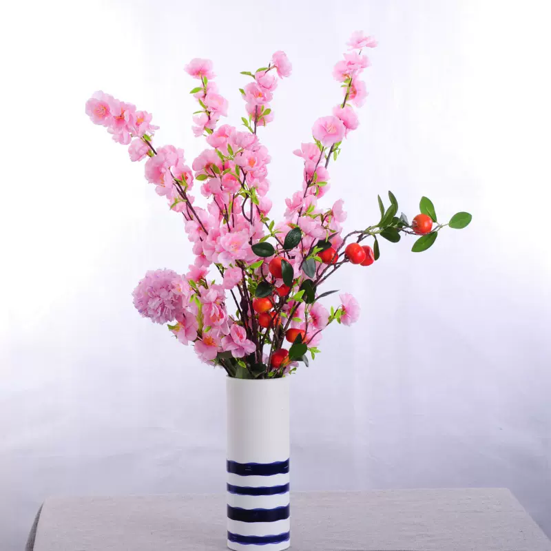 仿真假花桃花枝客厅落地花瓶花束插花艺装饰花卉塑料绢花室内 仿真假花桃花枝客厅落地花瓶花束插花艺装饰花卉塑料绢花室内