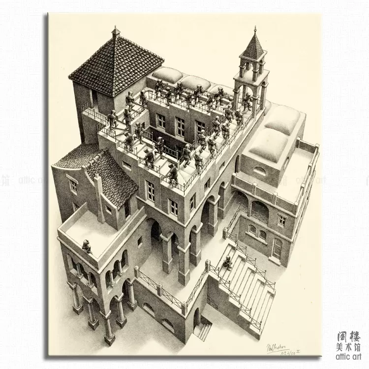 升与降Escher 埃舍尔视错觉版画装饰画无框有框客厅书房酒吧-Taobao