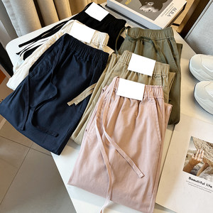 
2025 new summer thin wash cotton elastic waist slimming narrow version wide-leg nine-point pants women's casual pink pants