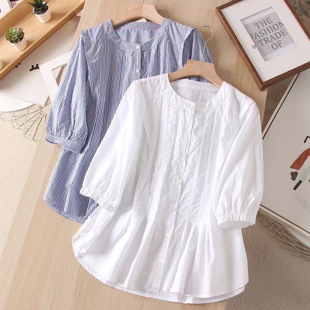 2025 autumn new style round neck spliced ​​pleated small shirt, blue and white striped quarter sleeve cotton, women's loose shirt