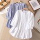 2025 autumn new style round neck spliced ​​pleated small shirt, blue and white striped quarter sleeve cotton, women's loose shirt