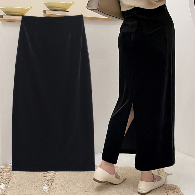 High-waisted slim straight skirt for women with long autumn and winter new style versatile black rear slit one-step hip-wrap skirt