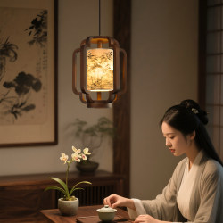 New Chinese-Style Wooden Chandelier for Entrance Hall and Dining Room with Hand-Painted Fabric Lampshade, Led Light Source, Classical Tea Room and Staircase Pendant Light