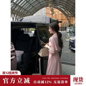 
Sun Yajo [Love in London] Autumn Korean retro British double-breasted pink windbreaker mid-length jacket