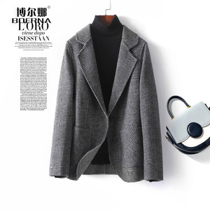 
Woolen coat women's short one-button gray plaid slim suit-style woolen spring and autumn new double-sided woolen coat