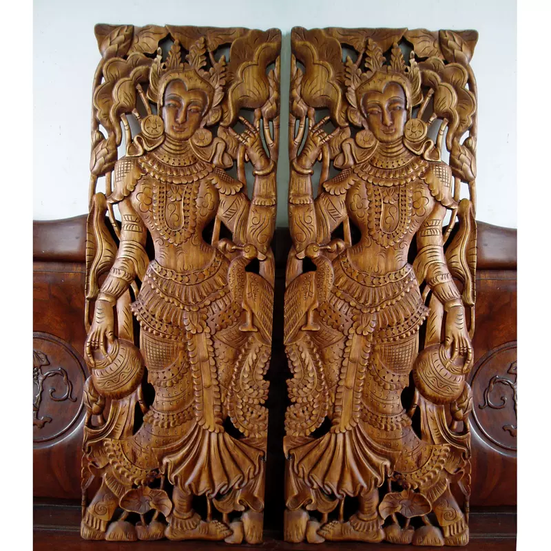 清貨包郵古典迎賓女實木雕掛飾東南亞風情泰式酒店