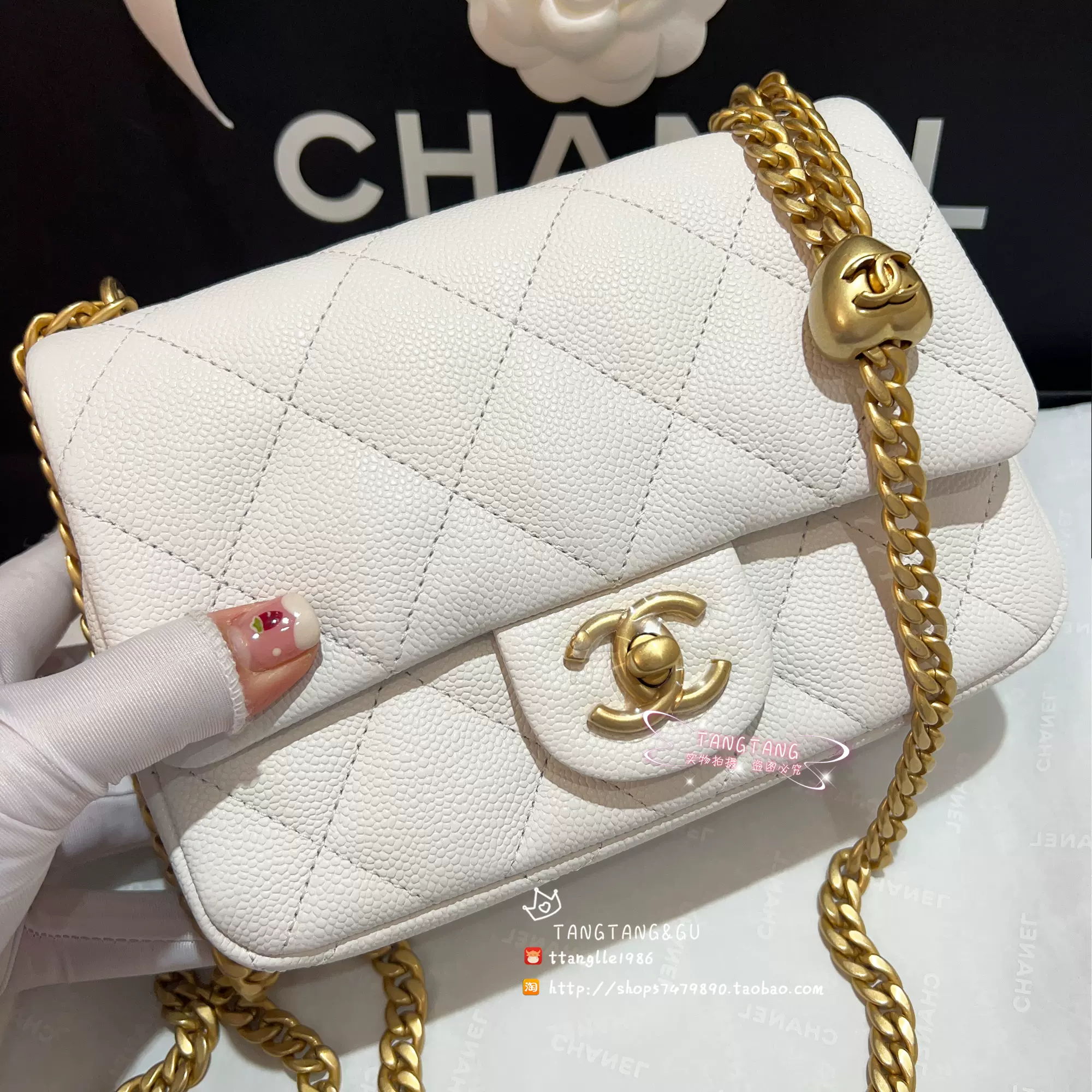 现货24p chanel香奈儿白色荔枝皮爱心金球双c cf方胖子链条包20cm