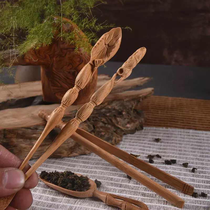 竹雕茶入 高档雕刻竹雕荷叶莲藕茶勺茶夹茶针茶匙赏玩文玩竹雕茶则茶道