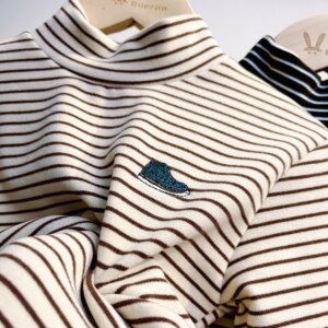 
DeRong Boys' Half Turtle Collar Thermal Bottoming Shirt 2026 Autumn and Winter Children's Striped Thermal Clothes Western Style Long Sleeve T-Shirt