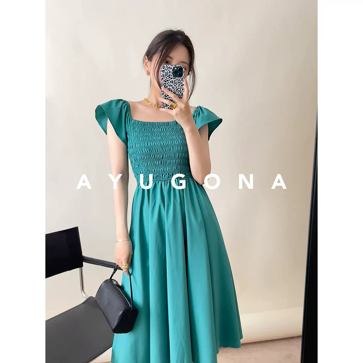 AYUGONA夏纯欲法式天花板_时髦优雅小飞袖显瘦高腰A字简约连衣裙-Taobao