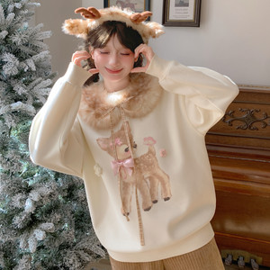 
Mori girl tribe sweet and cute Christmas deer loose velvet pullover sweatshirt for women new design top winter