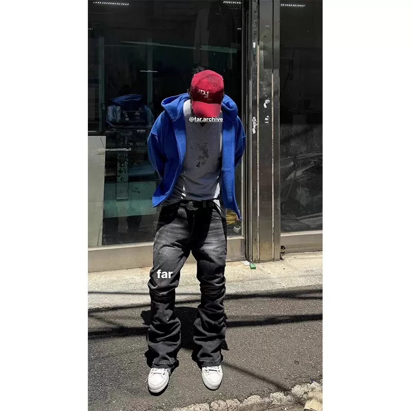THUG CLUB美式街头蜘蛛网刺绣直筒牛仔裤男潮宽松朴宰范同款裤子