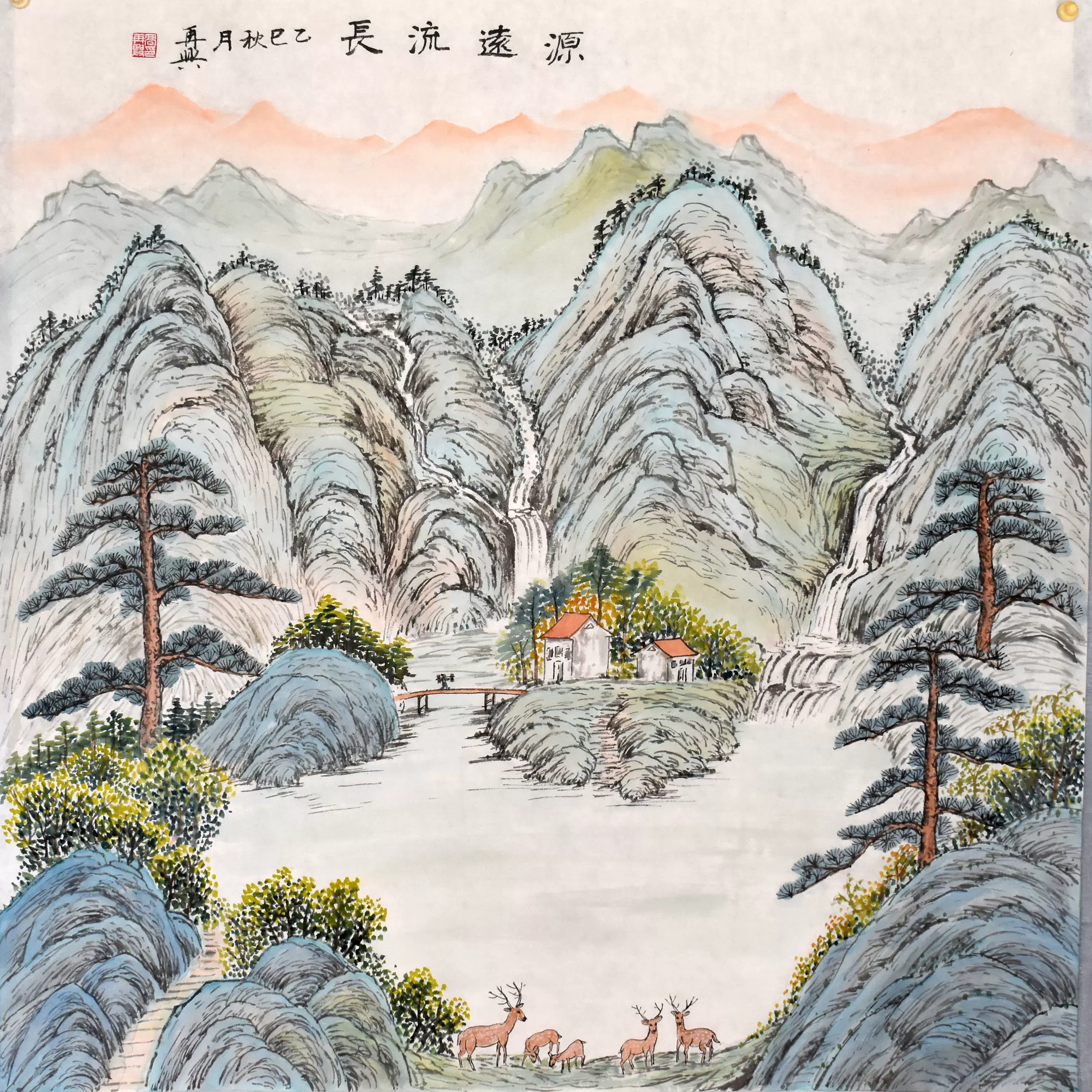 三尺条幅45X96厘米手绘国画青绿山水高山流水有知音竖幅画家真迹