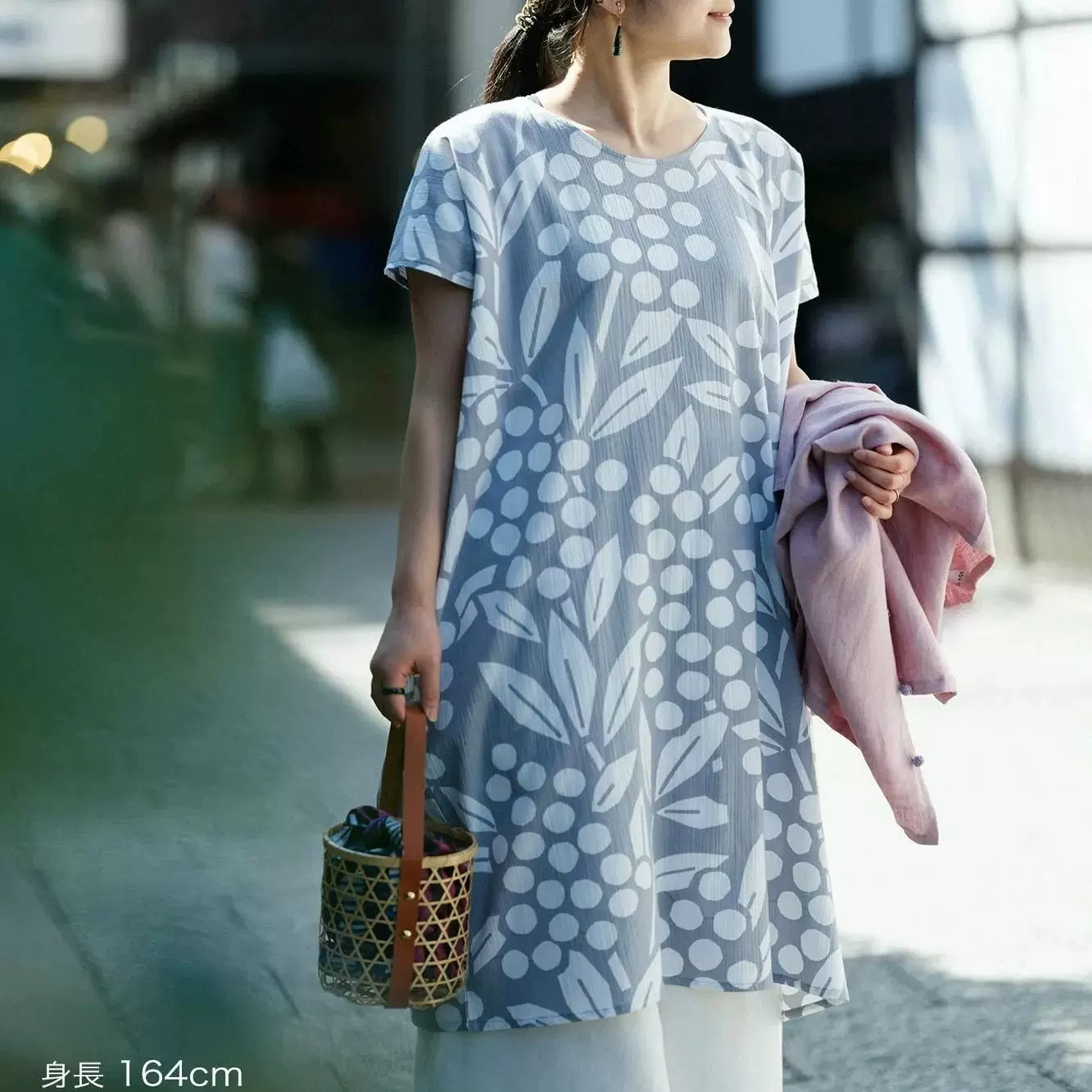 sousou代购日本京都女高島縮棉宽松短袖長方形衣圆领连衣裙