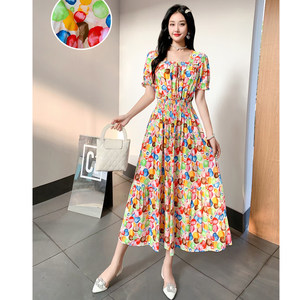 
Retro square neck dress for women, French puff sleeves, cotton silk, belly-covering, slimming long skirt, floral rayon