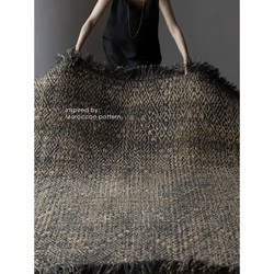 Ruonai Carpets, Imported from Morocco! Hand-Woven Black and Yellow Jute Tassel Carpet, Double-Sided Bedside Rug, Wabi-Sabi Style