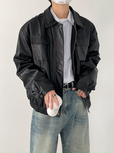 SF/autumn and winter Korean version of the trend retro rubbing color, old PU locomotive wind leather jacket, men's loose lapel jacket
