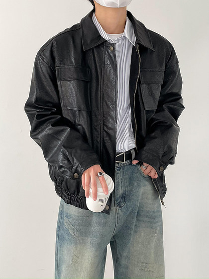 SF/autumn and winter Korean version of the trend retro rubbing color, old PU locomotive wind leather jacket, men's loose lapel jacket
