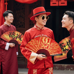 Wedding Groom and Groomsmen Group Picks up Bride with Fans, Brother Group, Chinese Style Wedding, Wedding Celebration, Photo Props, Double-Sided Folding Fan