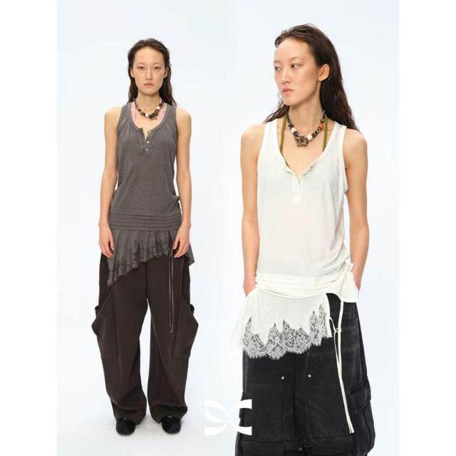 Brand authorization Square Circle Heavy Industry Lace Splicing and Laminated Inner Slimming Sling Vest Top