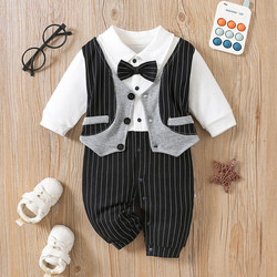 Spring New Baby Romper, Spring and Autumn Baby Boy Crawling Suit, Newborn Full-Month Outfit, Stylish Fake Two-Piece Gentleman Style