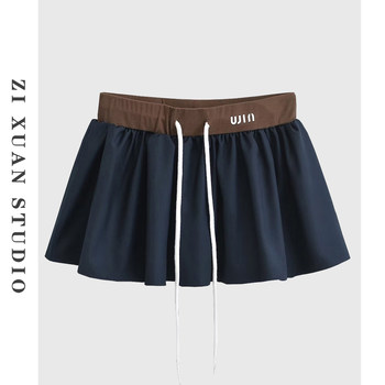 
miu style color block pleated elastic waist puff skirt short skirt