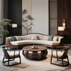 North American Black Walnut Solid Wood Sofa Set, Curved Song-Style Aesthetic Zen Villa Light Luxury Living Room New Chinese Style Furniture