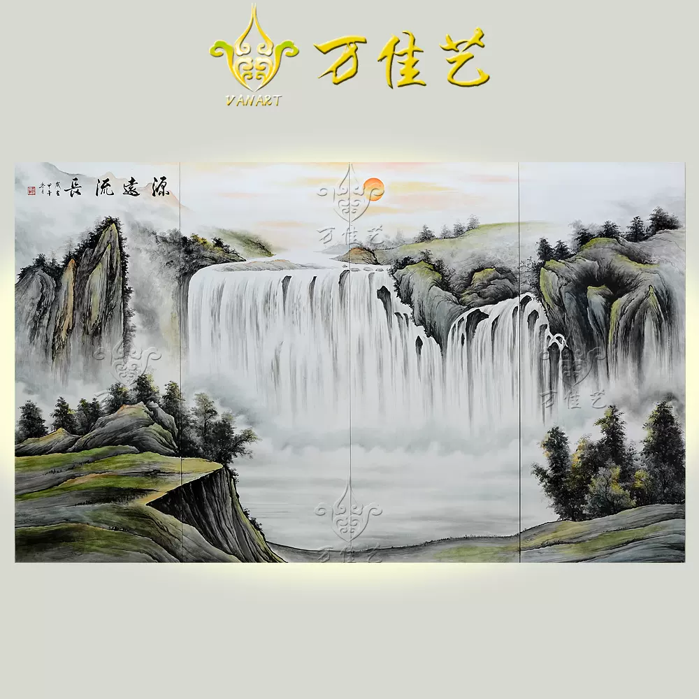 源远流长大型手绘山水装饰画酒店彩绘壁画木版画背景墙漆画定制