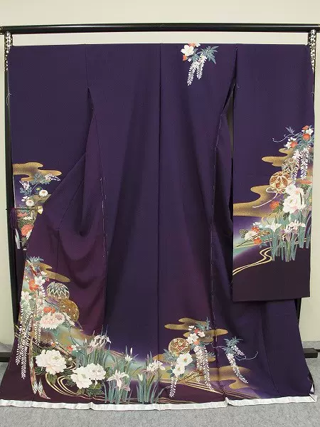 完售】日本中古和服正絹繪羽振袖和服深紫金駒藤花手鞠-Taobao