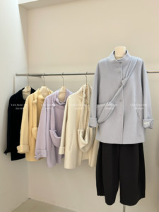 
8130 Korean style versatile casual loose stand-up collar double-sided wool coat with bag mid-length slim woolen coat