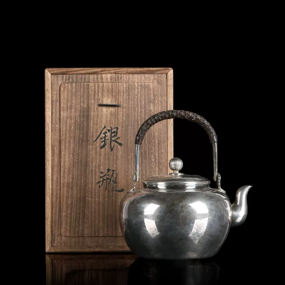 日本江户末期金工大师长翁斋长二斋造纯银錾刻侧把急须泡茶壶银壶 