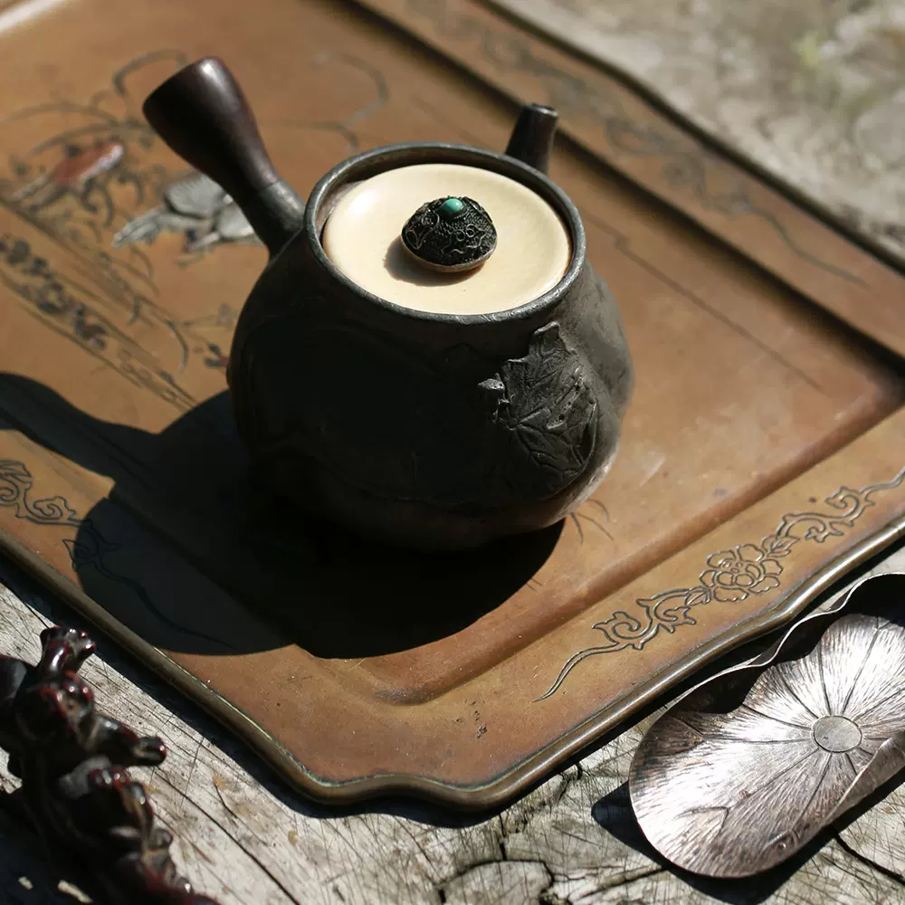 日本京烧大师二代平安三浦竹泉制竹节提手茶神清如竹茶罐煎茶茶壶 